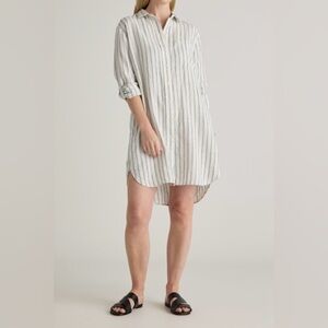 Quince 100% European Linen Shirt Dress in Oatmeal/Black stripe